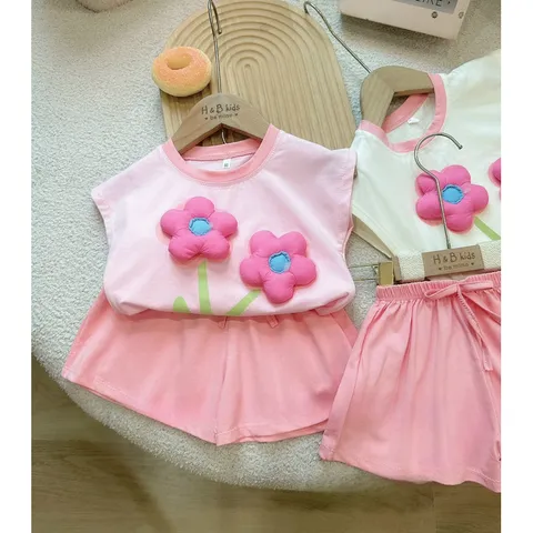 Đồ bộ bé gái, set bộ quần áo cộc tay chất cotton 2 bông hoa nổi xinh yêu cho bé 10-20kg