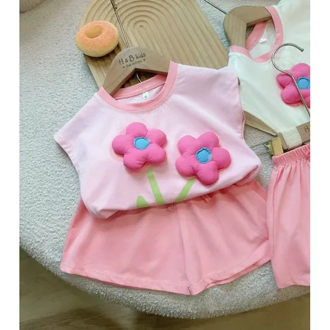 Đồ bộ bé gái, set bộ quần áo cộc tay chất cotton 2 bông hoa nổi xinh yêu cho bé 10-20kg