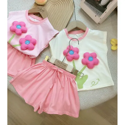 Đồ bộ bé gái, set bộ quần áo cộc tay chất cotton 2 bông hoa nổi xinh yêu cho bé 10-20kg