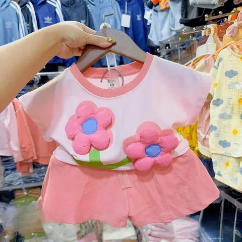 Đồ bộ bé gái, set bộ quần áo cộc tay chất cotton 2 bông hoa nổi xinh yêu cho bé 10-20kg