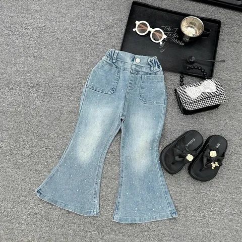Quần Jean bé gái, quần bò ống loe đính đá sành điệu cho bé 10-32kg