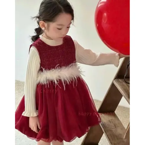 Váy bé gái, váy dạ tweed phần tùng tơ bồng bềnh đính lông cho bé diện Tết size 8-20kg