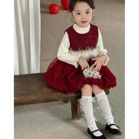 Váy bé gái, váy dạ tweed phần tùng tơ bồng bềnh đính lông cho bé diện Tết size 8-20kg
