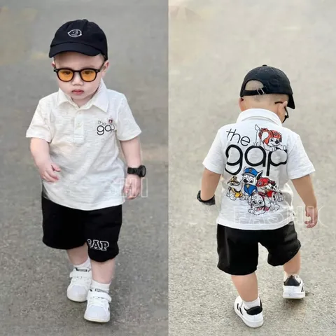 Quần áo bé trai, set bộ cộc tay chất cotton áo có cổ họa tiết chú chó Cứu hộ phối quần short kaki mềm cho bé 10-30kg