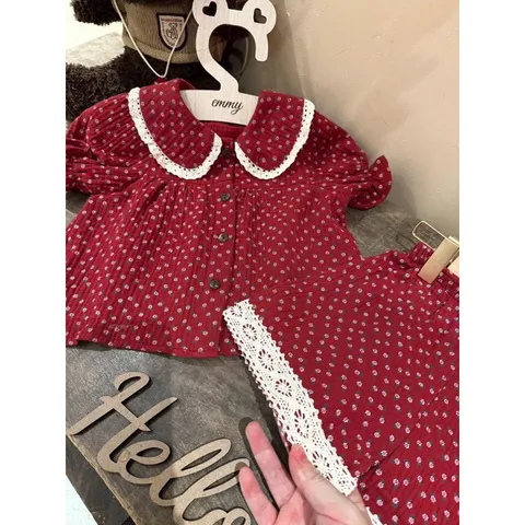 Đồ bộ bé gái, set bộ quần áo hoa nhí phối ren cổ sen cho bé 10-30kg