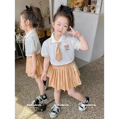 Đồng phục học sinh, váy đồng phục thêu gấu nâu cho bé 10-30kg
