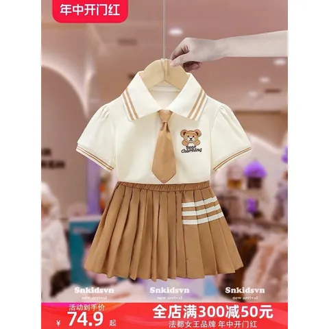 Đồng phục học sinh, váy đồng phục thêu gấu nâu cho bé 10-30kg