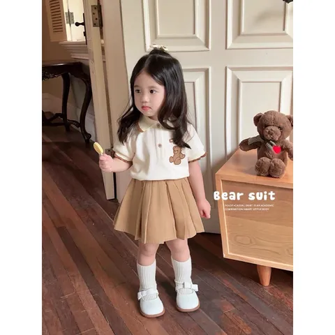 Đồng phục học sinh, váy đồng phục thêu gấu nâu cho bé 10-30kg