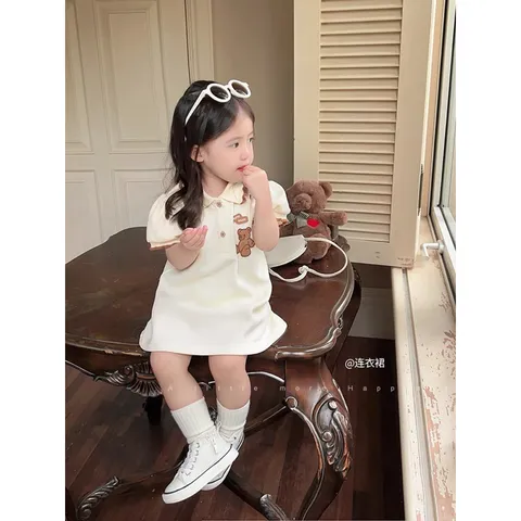 Đồng phục học sinh, váy đồng phục thêu gấu nâu cho bé 10-30kg