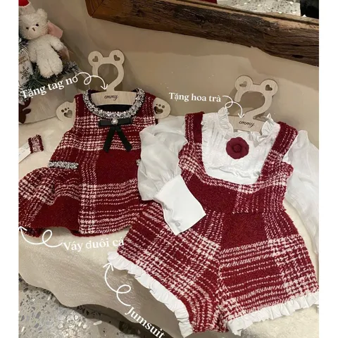 Quần áo bé gái, set 3ct: Jump dạ đỏ, áo sơ mi cổ bèo kèm hoa trà cho bé size 10-24kg