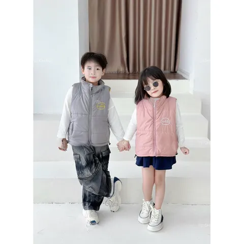 Áo khoác cho bé, áo phao gile trần bông kéo khoá cổ trụ thêu chữ LDYR cho bé trai và bé gái từ 8-30kg