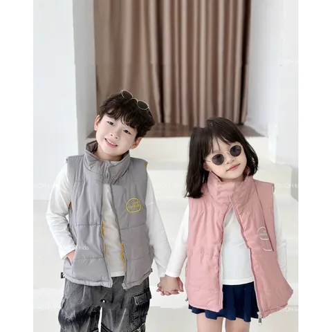 Áo khoác cho bé, áo phao gile trần bông kéo khoá cổ trụ thêu chữ LDYR cho bé trai và bé gái từ 8-30kg
