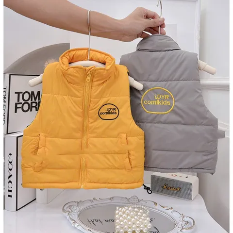 Áo khoác cho bé, áo phao gile trần bông kéo khoá cổ trụ thêu chữ LDYR cho bé trai và bé gái từ 8-30kg