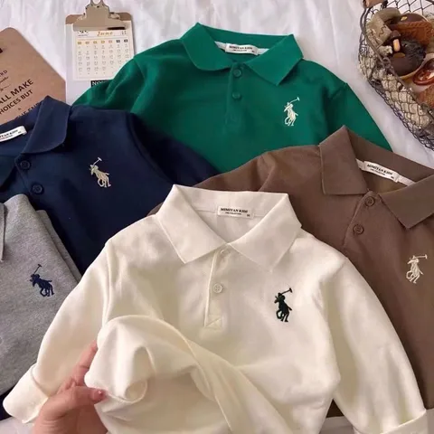 Đồ thu đông bé trai, áo polo dài tay chất da cá thêu họa tiết ngựa cho bé 10-30kg