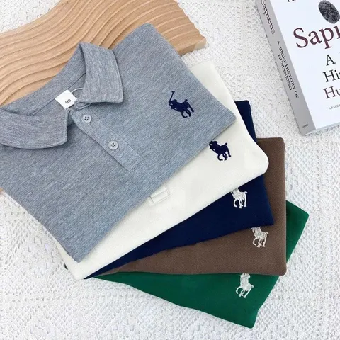 Đồ thu đông bé trai, áo polo dài tay chất da cá thêu họa tiết ngựa cho bé 10-30kg