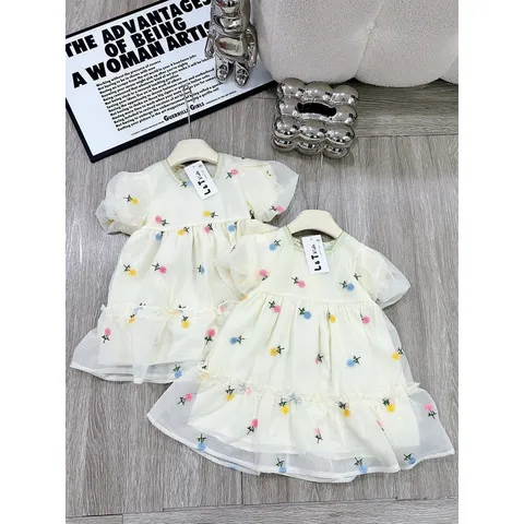 Váy bé gái, váy tơ hoa công chúa nơ xanh cho bé 10-22kg