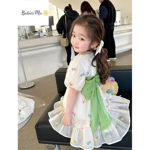 Váy bé gái, váy tơ hoa công chúa nơ xanh cho bé 10-22kg