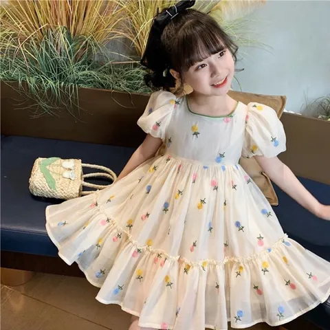 Váy bé gái, váy tơ hoa công chúa nơ xanh cho bé 10-22kg