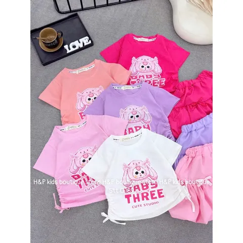 Váy bé gái, set áo cotton rút eo 2 bên BABY THREE kèm chân váy thô bồng cho bé 8-30kg