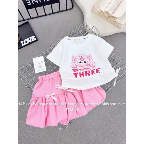 Váy bé gái, set áo cotton rút eo 2 bên BABY THREE kèm chân váy thô bồng cho bé 8-30kg