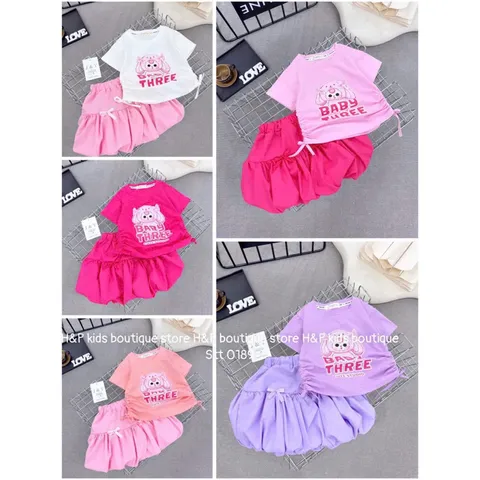 Váy bé gái, set áo cotton rút eo 2 bên BABY THREE kèm chân váy thô bồng cho bé 8-30kg
