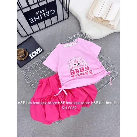Váy bé gái, set áo cotton rút eo 2 bên BABY THREE kèm chân váy thô bồng cho bé 8-30kg