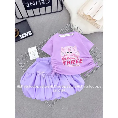 Váy bé gái, set áo cotton rút eo 2 bên BABY THREE kèm chân váy thô bồng cho bé 8-30kg