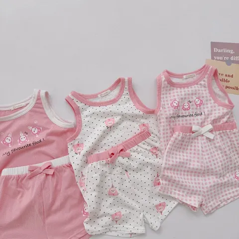 Đồ bộ bé gái, set bộ sát nách chất cotton họa tiết MY FOVOURITE FOOD cho bé 8-20kg