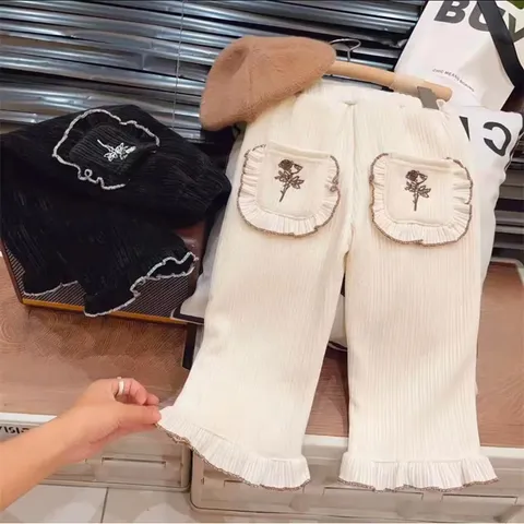 Quần thu đông bé gái, quần nhung ống rộng 2 màu cho bé 8-24kg