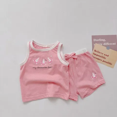 Đồ bộ bé gái, set bộ sát nách chất cotton họa tiết MY FOVOURITE FOOD cho bé 8-20kg