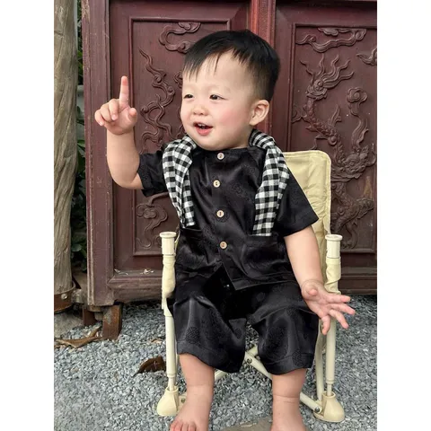 Đồ trung thu cho bé trai, set bộ chú Cuội chất gấm lụa kèm khăn kẻ caro cho bé a 10-30kg