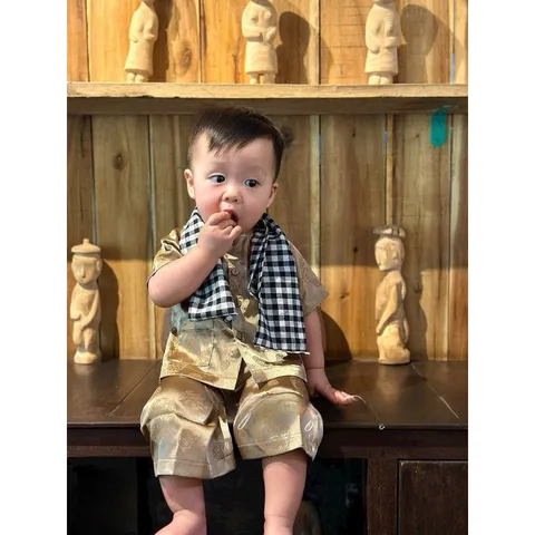 Đồ trung thu cho bé trai, set bộ chú Cuội chất gấm lụa kèm khăn kẻ caro cho bé a 10-30kg