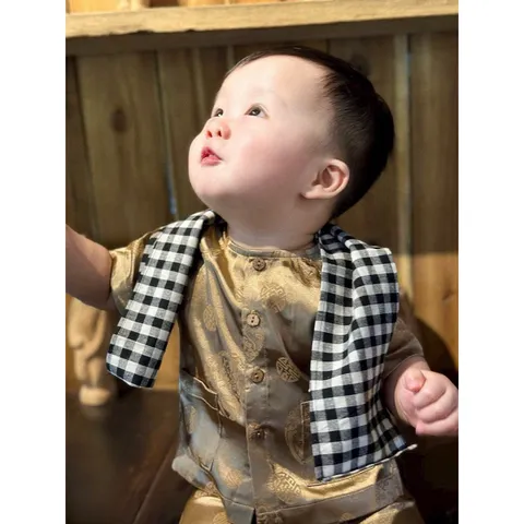 Đồ trung thu cho bé trai, set bộ chú Cuội chất gấm lụa kèm khăn kẻ caro cho bé a 10-30kg
