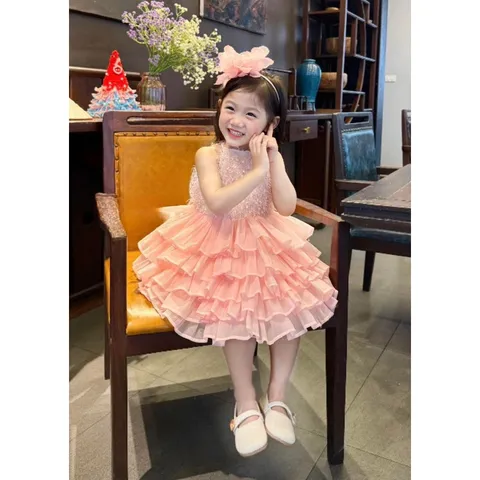 Váy bé gái, váy 2 dây ren lông nhiều tầng đi tiệc cho bé 10-22kg