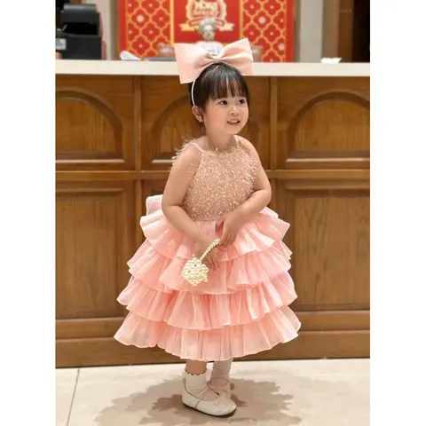 Váy bé gái, váy 2 dây ren lông nhiều tầng đi tiệc cho bé 10-22kg