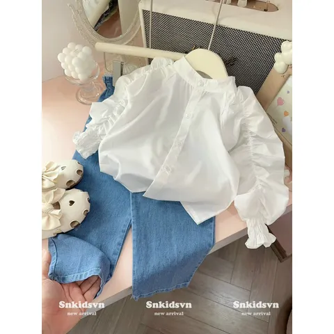Quần áo bé gái, set áo thô chun tay bồng kèm quần Kean dài cho bé 12-30kg