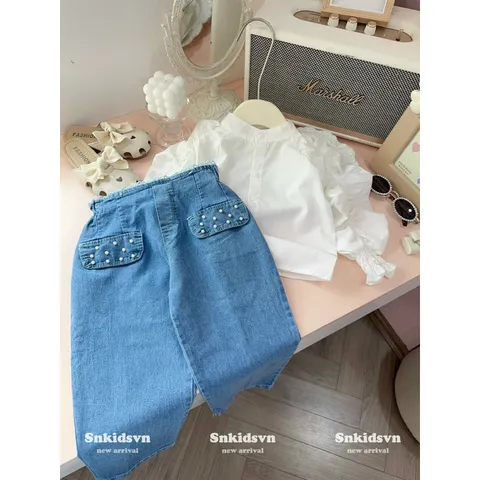 Quần áo bé gái, set áo thô chun tay bồng kèm quần Kean dài cho bé 12-30kg