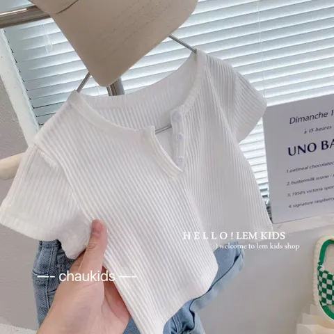 Đồ bé gái, áo cotton tăm cổ V siêu xinh cho bé