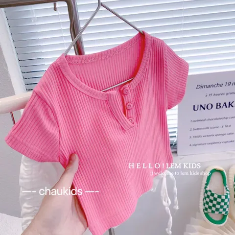 Đồ bé gái, áo cotton tăm cổ V siêu xinh cho bé
