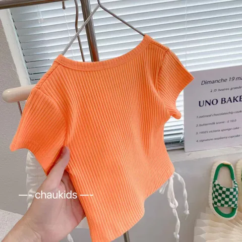 Đồ bé gái, áo cotton tăm cổ V siêu xinh cho bé