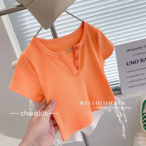 Đồ bé gái, áo cotton tăm cổ V siêu xinh cho bé
