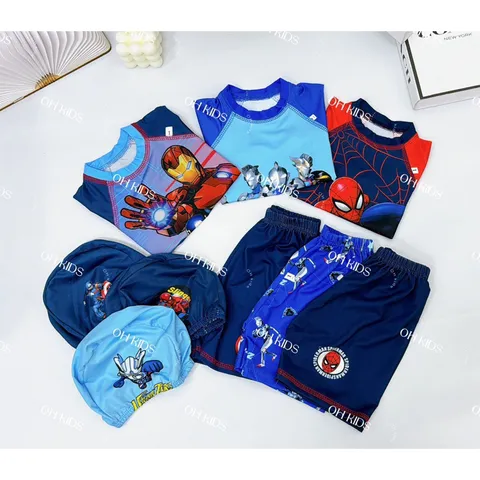 Đồ bơi bé trai, set đồ bơi chất thun họa tiết siêu nhân cho bé