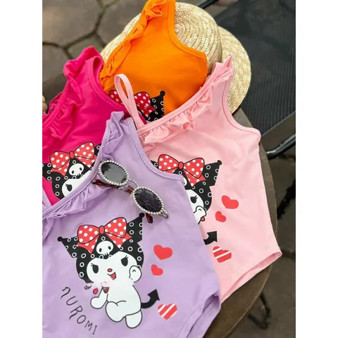 Đồ bơi bé gái, bikini liền thân lệch vai bèo họa tiết Kuromi cho bé 10-30kg