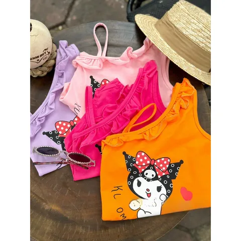 Đồ bơi bé gái, bikini liền thân lệch vai bèo họa tiết Kuromi cho bé 10-30kg