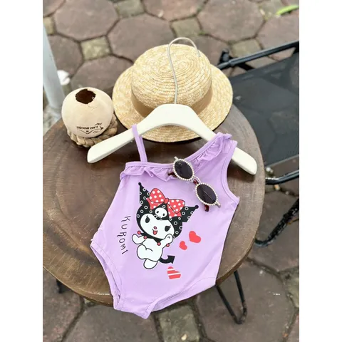 Đồ bơi bé gái, bikini liền thân lệch vai bèo họa tiết Kuromi cho bé 10-30kg