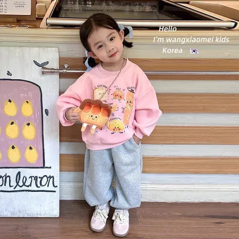 Quần áo thu đông bé gái, set bộ đài tay chất nỉ 2 da họa tiết bánh ngọt cho bé 10-30kg