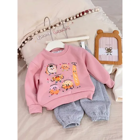 Quần áo thu đông bé gái, set bộ đài tay chất nỉ 2 da họa tiết bánh ngọt cho bé 10-30kg