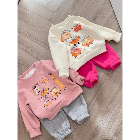 Quần áo thu đông bé gái, set bộ đài tay chất nỉ 2 da họa tiết bánh ngọt cho bé 10-30kg