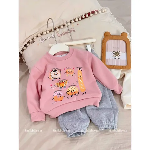 Quần áo thu đông bé gái, set bộ đài tay chất nỉ 2 da họa tiết bánh ngọt cho bé 10-30kg