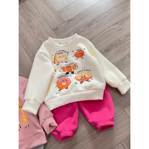 Quần áo thu đông bé gái, set bộ đài tay chất nỉ 2 da họa tiết bánh ngọt cho bé 10-30kg